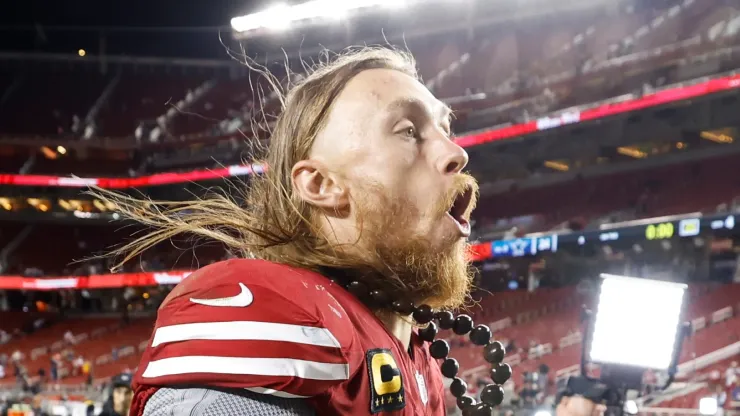 George Kittle #85 of the San Francisco 49ers reacts after a 30-24 victory against the Dallas Cowboys at Levi's Stadium on October 27, 2024 in Santa Clara, California.
