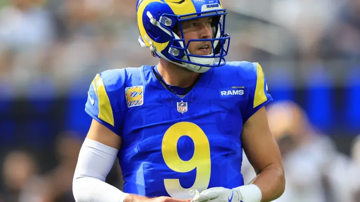 Matthew Stafford #9 of the Los Angeles Rams looks on during a game against the Green Bay Packers at SoFi Stadium on October 06, 2024 in Inglewood, California.
