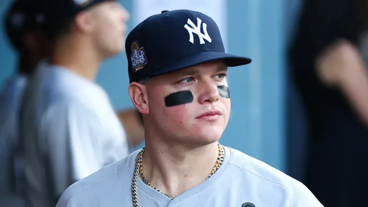 Alex Verdugo #24 of the New York Yankees walks through the dugout before Game One of the 2024 World Series against the Los Angeles Dodgers at Dodger Stadium on October 25, 2024 in Los Angeles, California.
