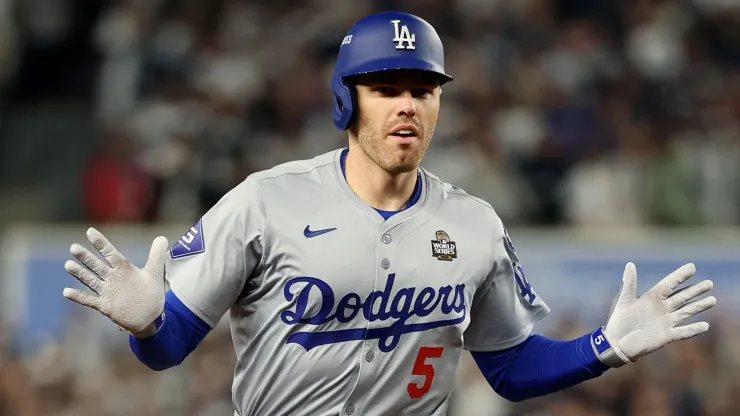 Freddie Freeman #5 of the Los Angeles Dodgers rounds the bases after hitting a two-run home run against the New York Yankees in the first inning during Game Three of the 2024 World Series at Yankee Stadium on October 28, 2024 in the Bronx borough of New York City.
