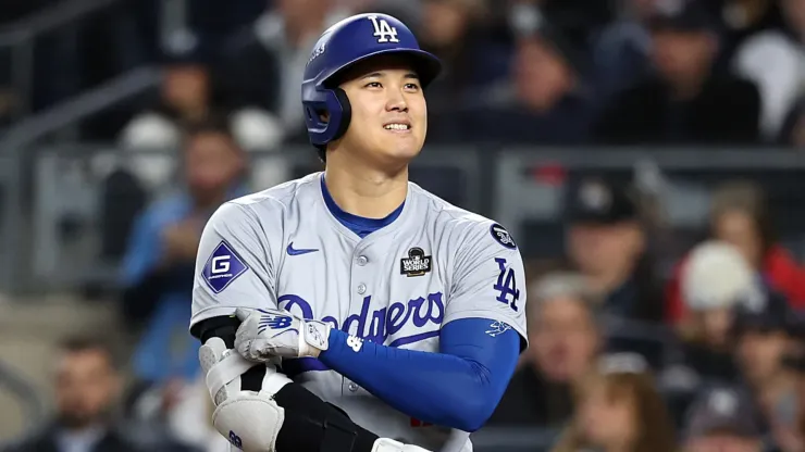 Shohei Ohtani #17 of the Los Angeles Dodgers reacts while at bat against the New York Yankees in the fourth inning during Game Three of the 2024 World Series at Yankee Stadium on October 28, 2024 in the Bronx borough of New York City. 
