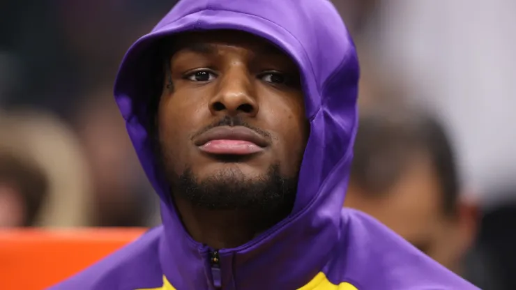 Bronny James #9 of the Los Angeles Lakers looks on during the first half against the Phoenix Suns at Footprint Center on October 28, 2024 in Phoenix, Arizona. 
