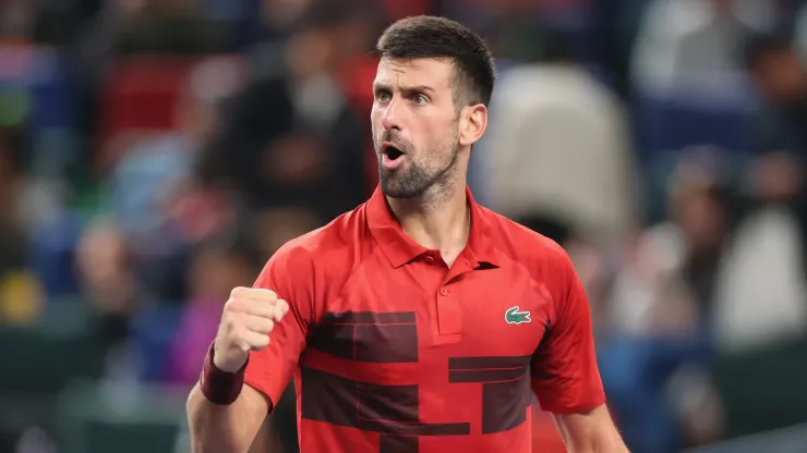 Novak Djokovic of Serbia celebrates after winning over Taylor Fritz in Shanghai 
