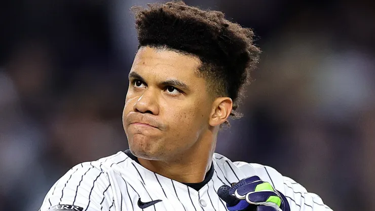 Juan Soto #22 of the New York Yankees reacts after grounding out against the Los Angeles Dodgers in the third inning during Game Three of the 2024 World Series at Yankee Stadium on October 28, 2024 in the Bronx borough of New York City. 
