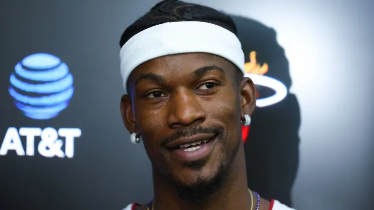 Jimmy Butler #22 of the Miami Heat speaks to the media during media day at Kaseya Center on September 30, 2024 in Miami, Florida. 
