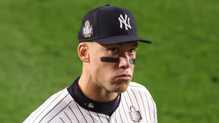 Aaron Judge #99 of the New York Yankees singles waits in the outfield during the 9th inning of Game Four of the 2024 World Series against the Los Angeles Dodgers at Yankee Stadium on October 29, 2024 in the Bronx borough of New York City.
