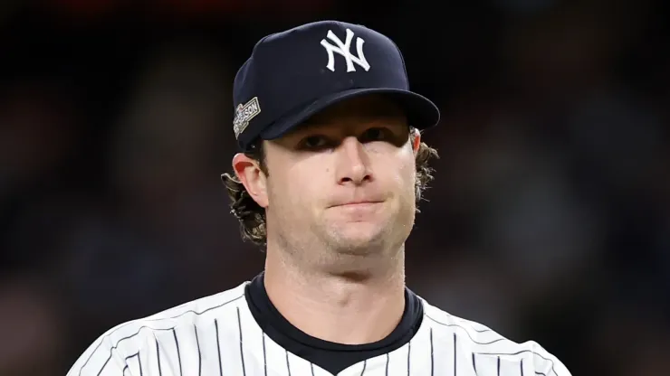 Gerrit Cole #45 of the New York Yankees reacts in the third inning against the Cleveland Guardians during Game Two of the American League Championship Series at Yankee Stadium on October 15, 2024 in New York City. 
