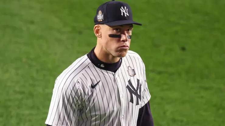 Aaron Judge #99 of the New York Yankees singles waits in the outfield during the 9th inning of Game Four of the 2024 World Series against the Los Angeles Dodgers at Yankee Stadium on October 29, 2024 in the Bronx borough of New York City.
