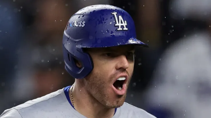 NEW YORK, NEW YORK - OCTOBER 29:  Freddie Freeman #5 of the Los Angeles Dodgers reacts after hitting a two-run home run during the first inning of Game Four of the 2024 World Series against the New York Yankees at Yankee Stadium on October 29, 2024 in the Bronx borough of New York City. (Photo by Elsa/Getty Images)
