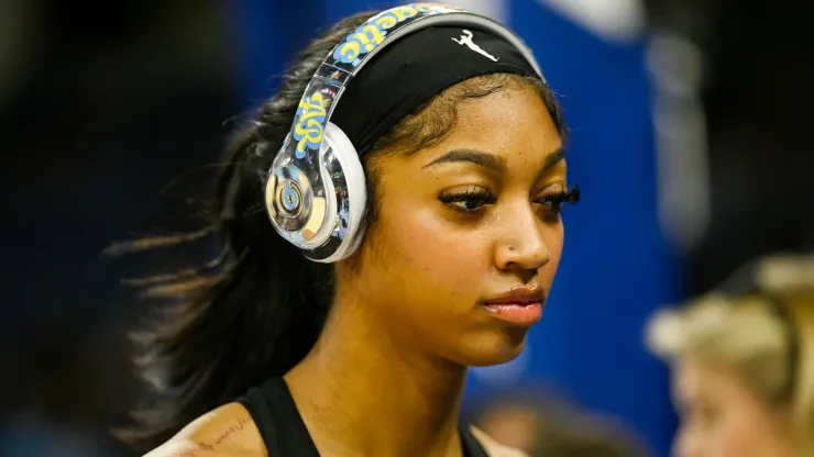 Angel Reese  #5 of the Chicago Sky looks on before the game against the Indiana Fever 
