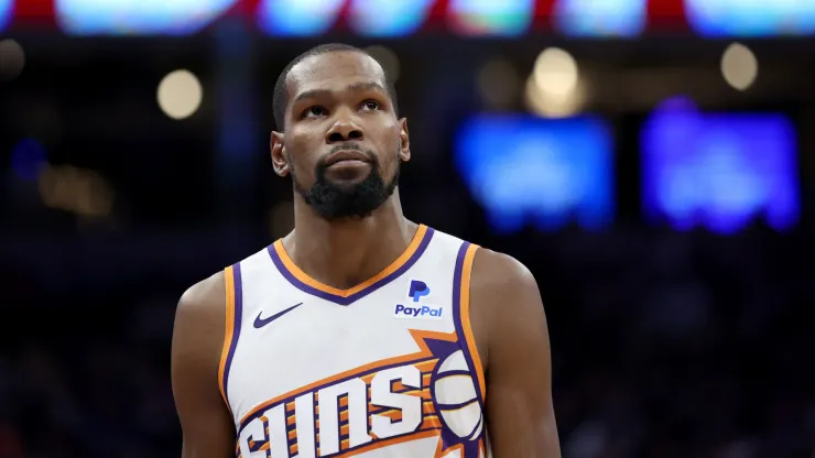 Kevin Durant #35 of the Phoenix Suns stands on the court during their game against the Sacramento Kings
