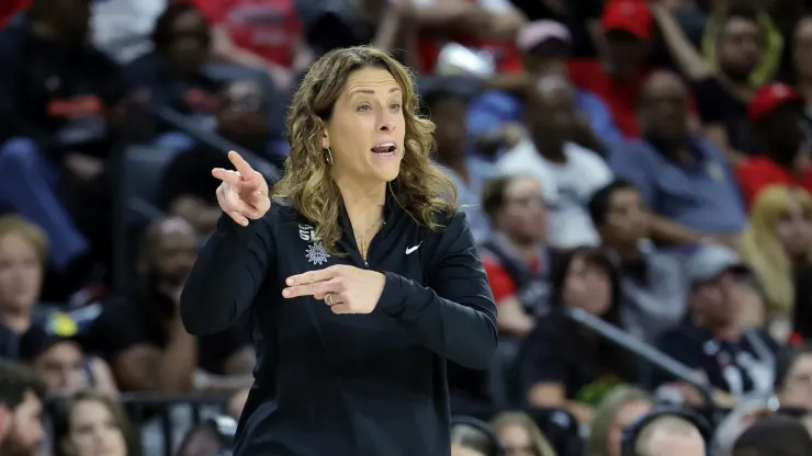 Head coach Stephanie White of the Connecticut Sun gestures in the third quarter of a game against the Las Vegas Aces 
