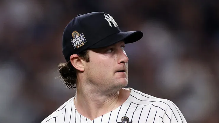 Gerrit Cole #45 of the New York Yankees walks off the field after the fifth inning of Game Five of the 2024 World Series against the Los Angeles Dodgers at Yankee Stadium on October 30, 2024 in the Bronx borough of New York City.
