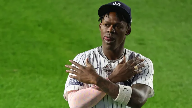 Jazz Chisholm Jr. #13 of the New York Yankees warms up prior to Game Five of the 2024 World Series against the Los Angeles Dodgers at Yankee Stadium on October 30, 2024 in the Bronx borough of New York City.
