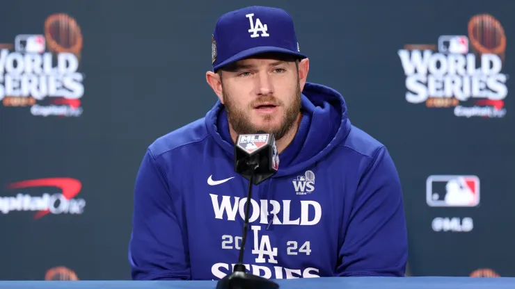 Max Muncy #13 of the Los Angeles Dodgers speaks to the media during a press conference before playing against the New York Yankees during Game Three of the 2024 World Series at Yankee Stadium on October 28, 2024 in New York City. 
