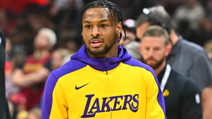 Bronny James #9 of the Los Angeles Lakers warms up prior to the game against the Cleveland Cavaliers at Rocket Mortgage Fieldhouse on October 30, 2024 in Cleveland, Ohio.
