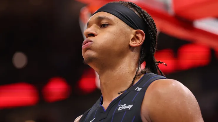 Paolo Banchero #5 of the Orlando Magic reacts against the Chicago Bulls during the second half at the United Center on October 30, 2024 in Chicago, Illinois. 
