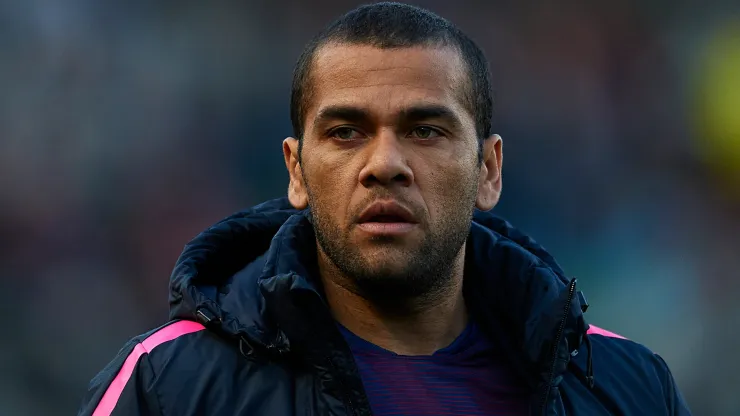 Dani Alves of Barcelona looks on prior to the start of the La Liga match between Elche FC and FC Barcelona
