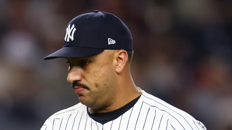 Pitcher Nestor Cortes #65 of the New York Yankees walks to the dugout after the third out in the top of the sixth inning against the Cleveland Guardians at Yankee Stadium on August 21, 2024 in New York City.
