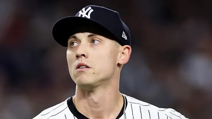 Luke Weaver #30 of the New York Yankees reacts after pitching during the eighth inning of Game Four of the 2024 World Series against the Los Angeles Dodgers at Yankee Stadium on October 29, 2024 in the Bronx borough of New York City.
