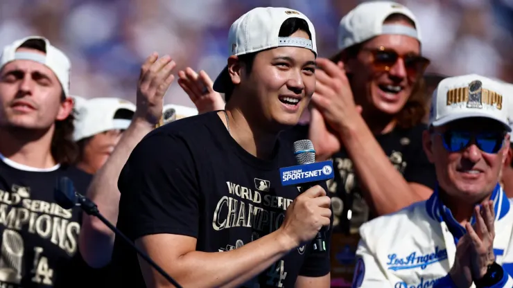 Shohei Ohtani #17 of the Los Angeles Dodgers speaks during the 2024 World Series Celebration Show at Dodger Stadium on November 01, 2024 in Los Angeles, California.
