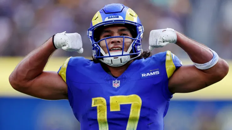 Puka Nacua #17 of the Los Angeles Rams celebrates a two point conversion score during the third quarter against the Pittsburgh Steelers at SoFi Stadium on October 22, 2023 in Inglewood, California.
