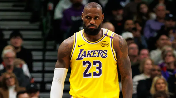 LeBron James #23 of the Los Angeles Lakers walks the court during a break in play in the second half of their NBA game against the Toronto Raptors at Scotiabank Arena on November 1, 2024 in Toronto, Canada.
