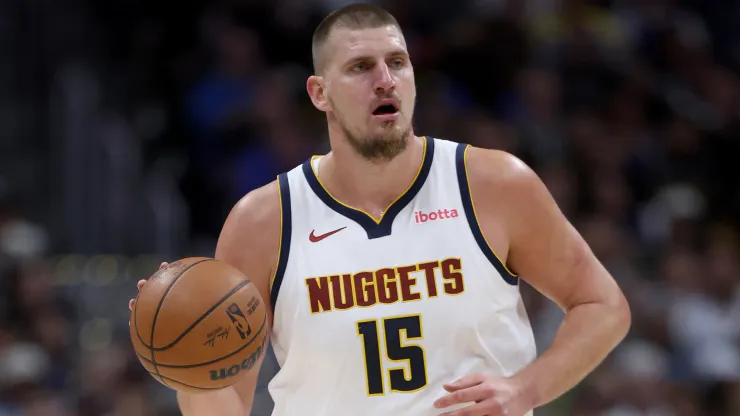 Nikola Jokic #15 of the Denver Nuggets brings the ball down the court against the Oklahoma City Thunder
