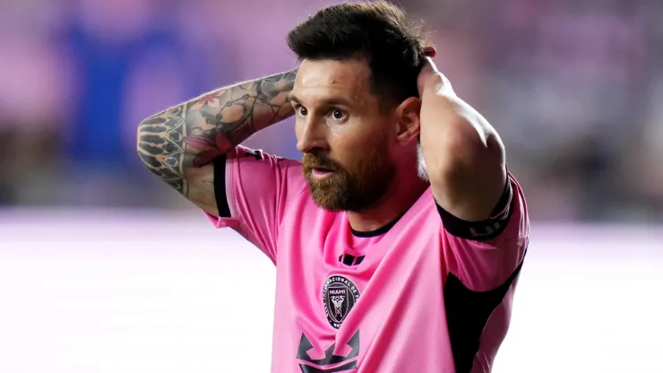 Lionel Messi #10 of Inter Miami reacts during the first half against the Atlanta United during round one of the 2024 MLS Playoffs at Chase Stadium on October 25, 2024 in Fort Lauderdale, Florida.
