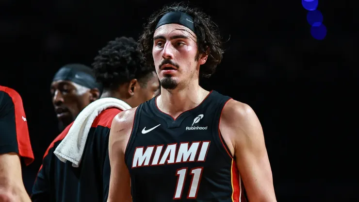 Jaime Jaquez Jr. #11 of the Miami Heat high fives with teammate during the second half of the game against the Washington Wizards at Arena Ciudad de Mexico
