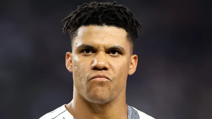 Juan Soto #22 of the New York Yankees looks on against the Boston Red Sox at Yankee Stadium on September 13, 2024 in the Bronx borough of New York City.
