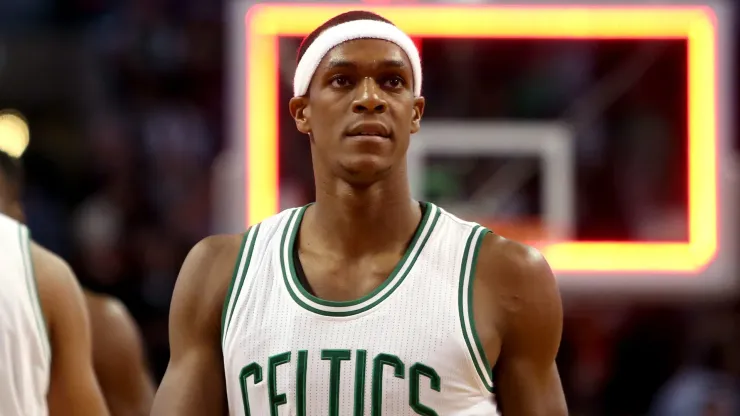 Rajon Rondo #9 of the Boston Celtics looks on after failing to take a shot as time expired against the Cleveland Cavaliers
