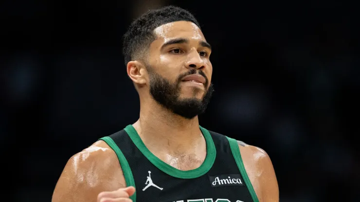 Jayson Tatum #0 of the Boston Celtics reacts in the third quarter during their game against the Charlotte Hornets
