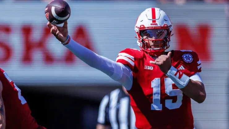 UTEP vs Nebraska AUG 31 August 31, 2024 Lincoln, NE. U.S. - Nebraska Cornhuskers quarterback Dylan Raiola (15) in action during a NCAA Division 1 football game between UTEP Miners and the Nebraska Cornhuskers at Memorial Stadium in Lincoln, NE.
