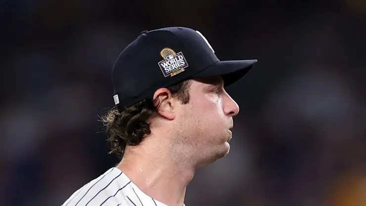 Gerrit Cole #45 of the New York Yankees reacts after Teoscar Hernández #37 of the Los Angeles Dodgers hit a two-RBI double during the fifth inning of Game Five of the 2024 World Series at Yankee Stadium on October 30, 2024 in the Bronx borough of New York City.
