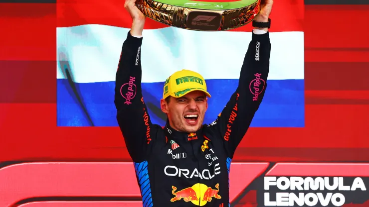 Race winner Max Verstappen of the Netherlands and Oracle Red Bull Racing celebrates on the podium after the F1 Grand Prix of Brazil 
