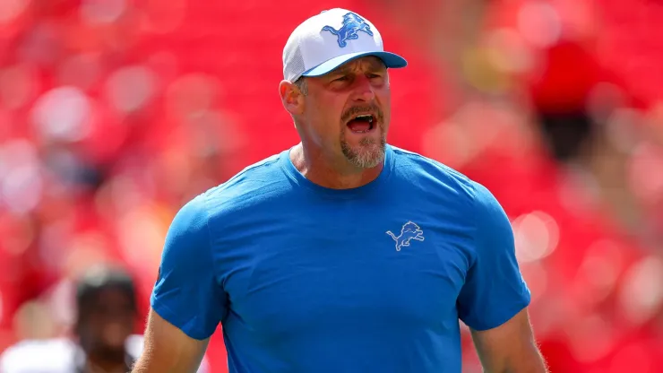 Detroit Lions head coach Dan Campbell greets players during pregame warmups prior to the preseason game against the Kansas City Chiefs at GEHA Field at Arrowhead Stadium on August 17, 2024 in Kansas City, Missouri.
