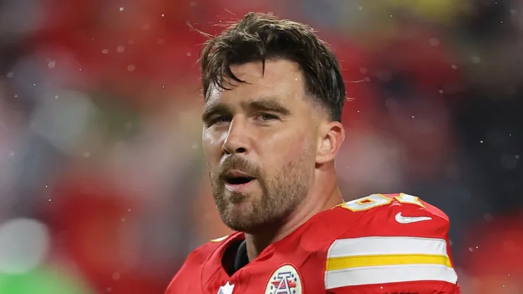 Travis Kelce #87 of the Kansas City Chiefs looks on before the game against the Tampa Bay Buccaneers at GEHA Field at Arrowhead Stadium on November 04, 2024 in Kansas City, Missouri.
