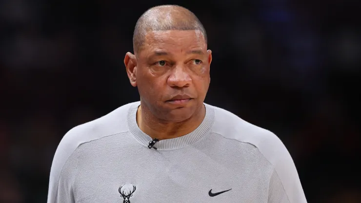 Head coach Doc Rivers of the Milwaukee Bucks looks on against the Chicago Bulls during the first half at the United Center
