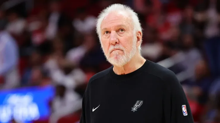 Head coach Gregg Popovich of the San Antonio Spurs looks on against the Houston Rockets during the first half of a preseason game at Toyota Center on October 17, 2024 in Houston, Texas.
