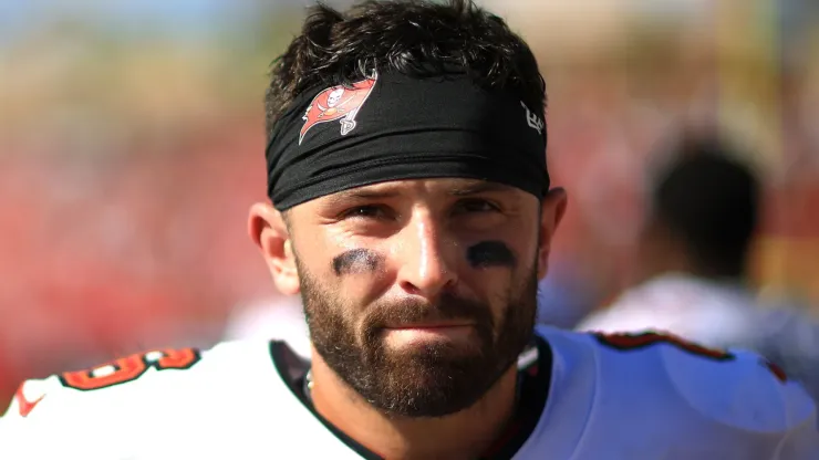 Baker Mayfield #6 of the Tampa Bay Buccaneers reacts after defeating the Philadelphia Eagles at Raymond James Stadium on September 29, 2024 in Tampa, Florida. 
