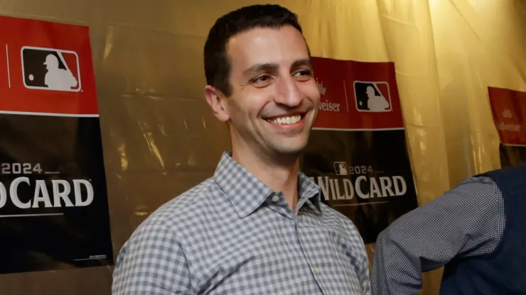 General manager David Stearns of the New York Mets celebrates in the locker room after the Mets beat the Milwaukee Brewers 4-2 in Game Three of the Wild Card Series at American Family Field on October 03, 2024 in Milwaukee, Wisconsin.
