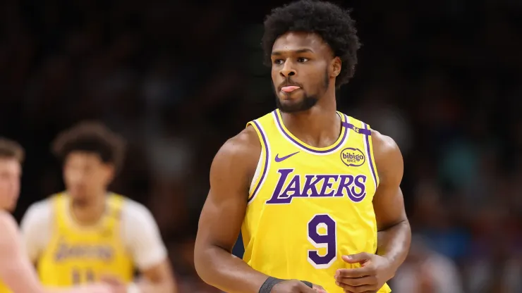 Bronny James #9 of the Los Angeles Lakers reacts during the second half of the preseason NBA game against the Phoenix Suns
