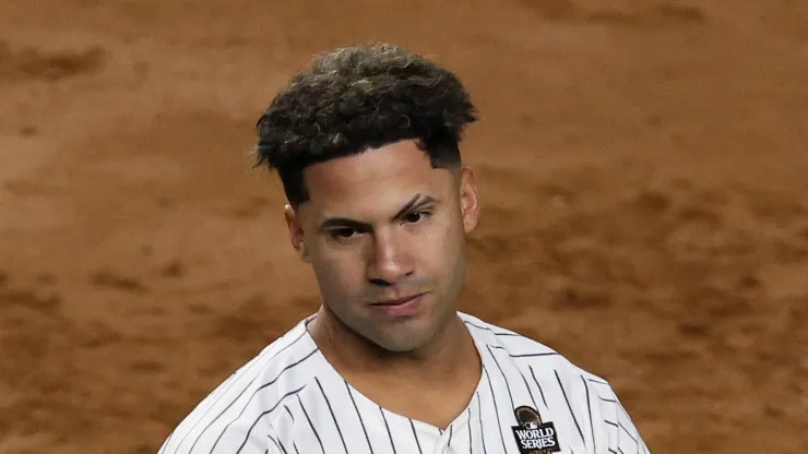 Gleyber Torres #25 of the New York Yankees reacts after striking out in the seventh inning against the Los Angeles Dodgers during Game Three of the 2024 World Series at Yankee Stadium on October 28, 2024 in the Bronx borough of New York City.
