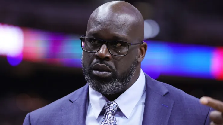 Shaquille O'Neal looks on during the third quarter in game four of the Eastern Conference Finals between the Boston Celtics and the Miami Heat at Kaseya Center.
