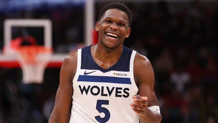 Anthony Edwards #5 of the Minnesota Timberwolves laughs against the Chicago Bulls during the second half at the United Center on November 07, 2024 in Chicago, Illinois. 
