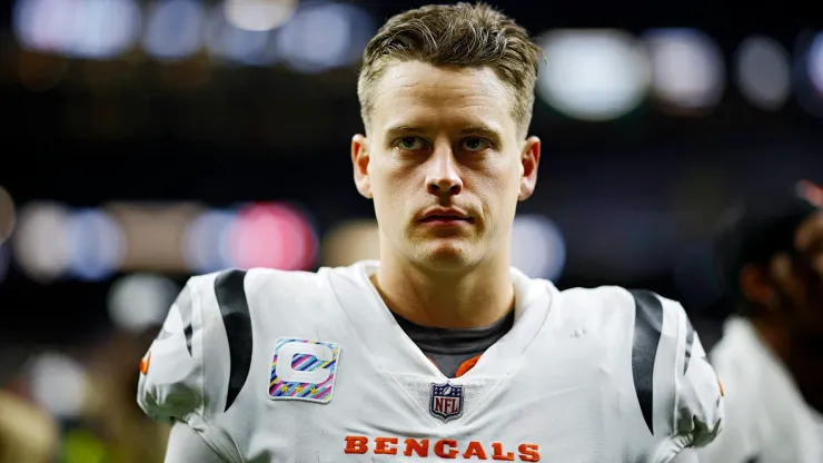 Joe Burrow #9 of the Cincinnati Bengals walks off the field after defeating the New Orleans Saints 30-26 at Caesars Superdome on October 16, 2022.
