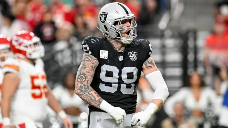 Maxx Crosby #98 of the Las Vegas Raiders reacts after a play in the third quarter of a game against the Kansas City Chiefs at Allegiant Stadium on October 27, 2024 in Las Vegas, Nevada.
