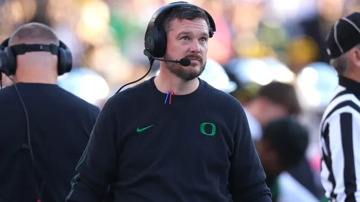 Head coach Dan Lanning of the Oregon Ducks looks on during the first half against the Michigan Wolverines at Michigan Stadium on November 02, 2024 in Ann Arbor, Michigan.
