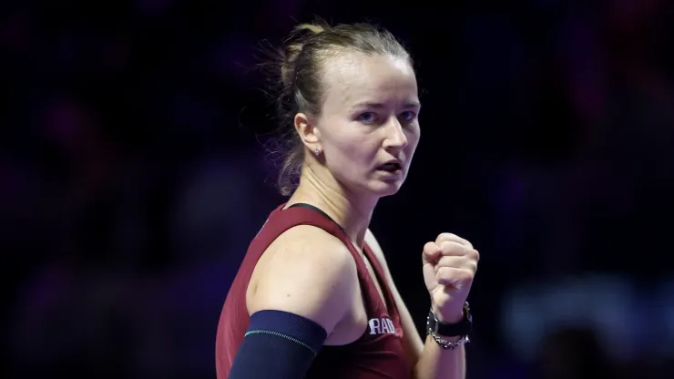 Barbora Krecijkova celebrates after winning a point during the 2024 WTA Finals 
